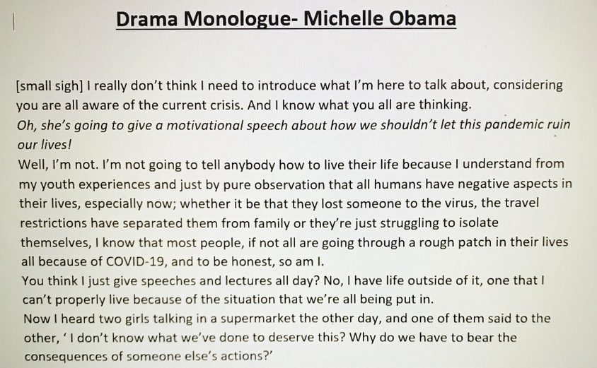 Secondary Drama Monologue Michelle Obama 1